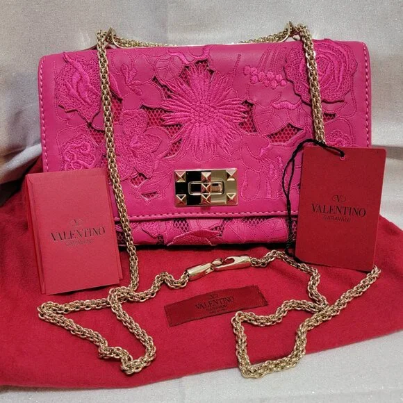 Rare VALENTINO Napa Lace Girello Flap Bag in Fuschia - Picture 1 of 16